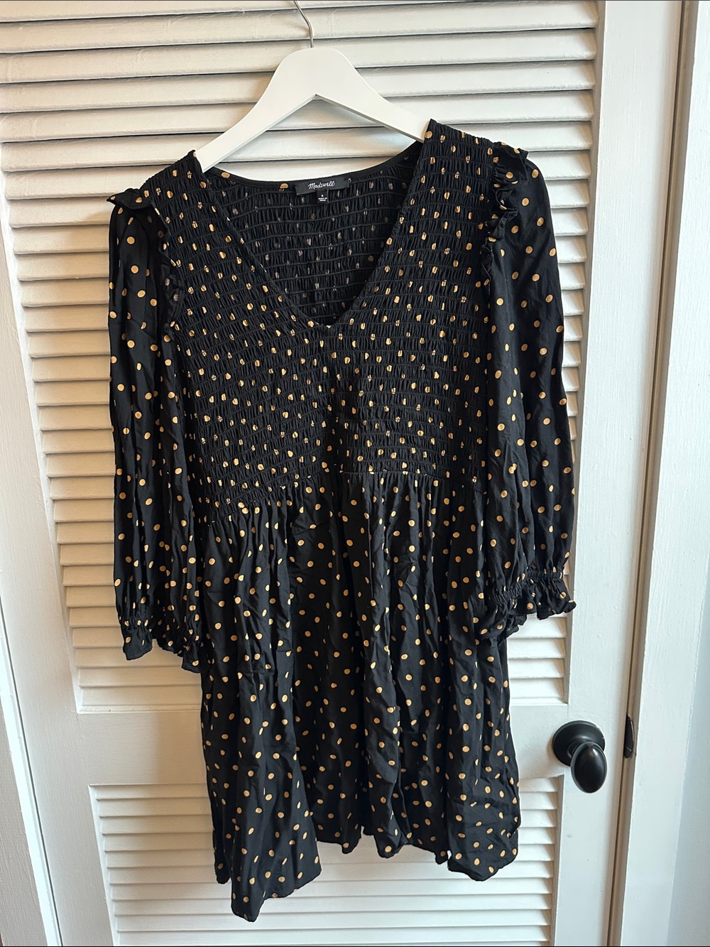 Madewell Black Polka Dot Smocked V-Neck Women's Dress w/ Pockets